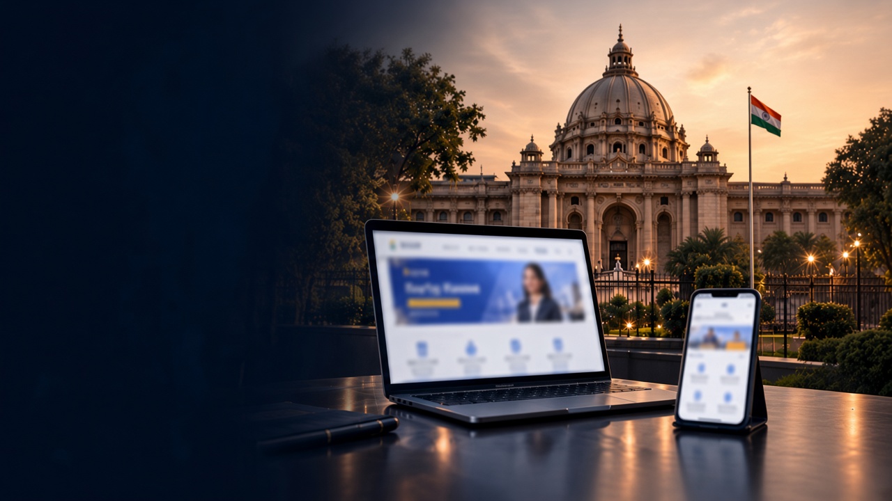 Laptop and phone displaying employment services in front of the Uttar Pradesh legislature at sunset