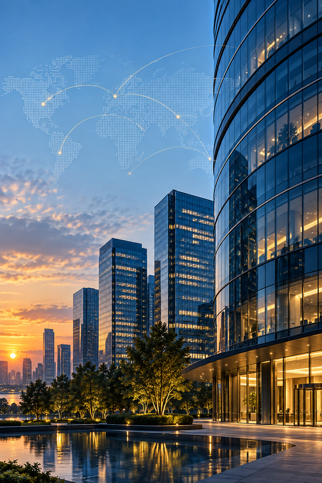Modern glass buildings at sunset with a connected world map in the sky